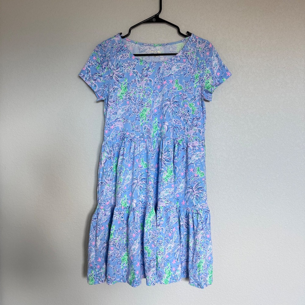 Lilly Pulitzer Geanna Swing Dress Blue Tropical Tiger Palm Tree Tiered Cotton